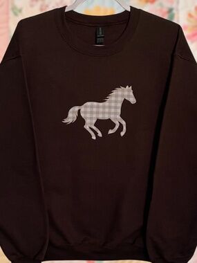 Horse Gingham Patchwork Embroidered Medium Chocolate Brown Crewneck Sweatshirt